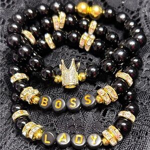 “Boss Lady” Crown Bracelet Set | Black & Gold Beaded Stretch Bracelets